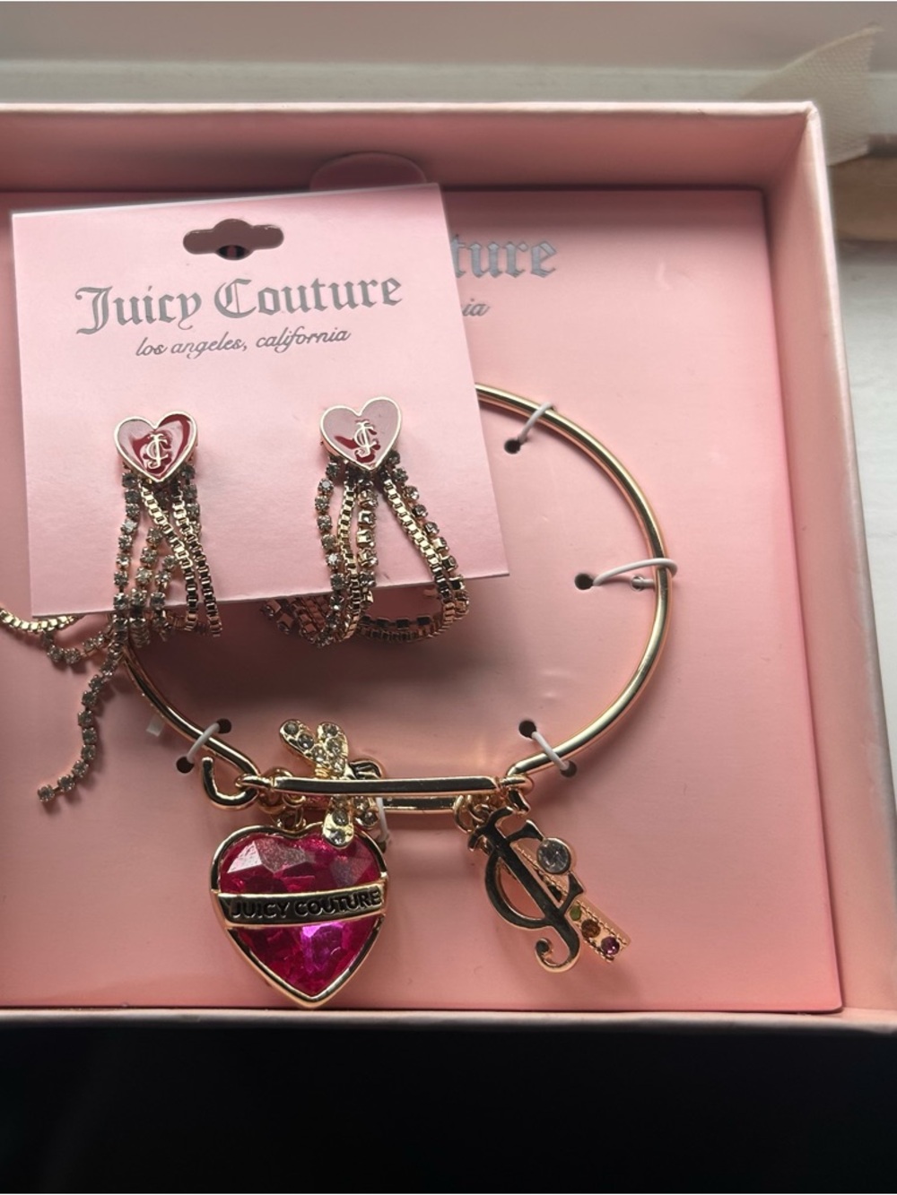 Juicy Couture Gold-Tone Bracelet with Pink Heart Charm and Dangle Charms